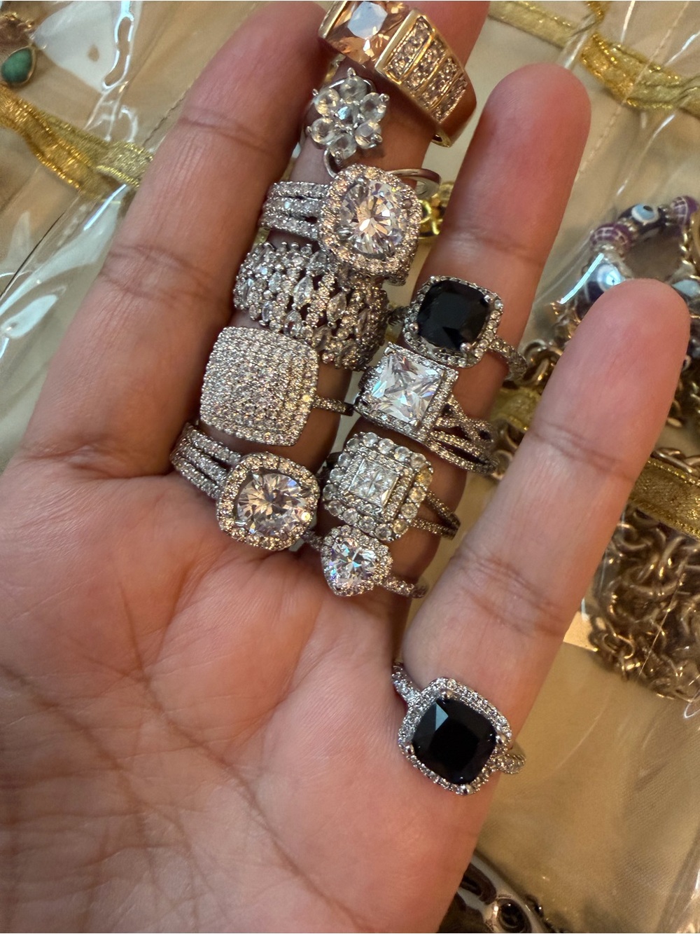 Women's Silver Cubic Zirconia Stackable Rings with Black and Clear Stones